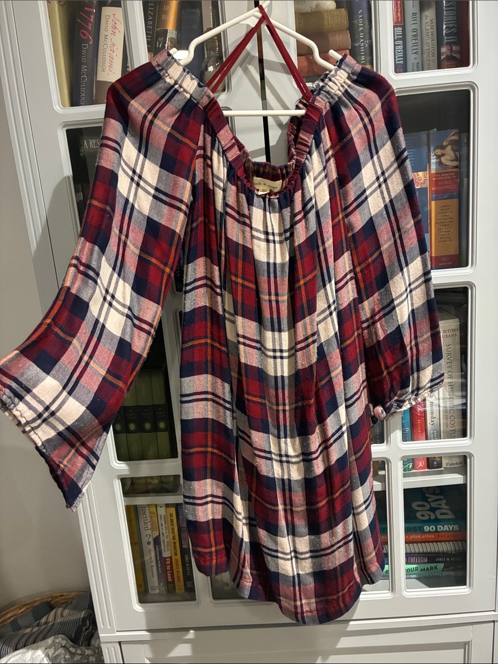 cloth & stone Maroon and Navy Plaid Off-Shoulder Dress